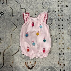 Mud Pie flamingo pom pom bubble romper, 6-9 mo